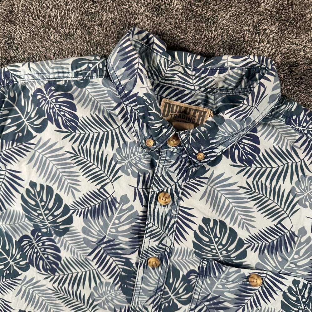 Duluth Trading Co. Shirt Mens L Relaxed Fit Blue Tropical Palm Leaf Button Down